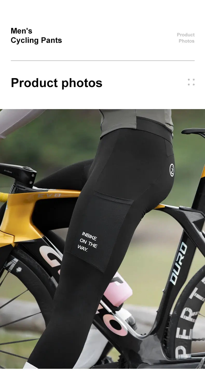 INBIKE men's cycling bib tights in black with thigh logo on a road bike.
