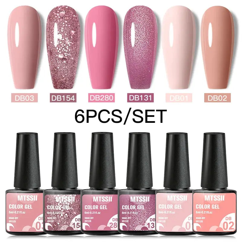Gel nail polish set MTSSII, 6-color collection in pink, glitter and nude shades