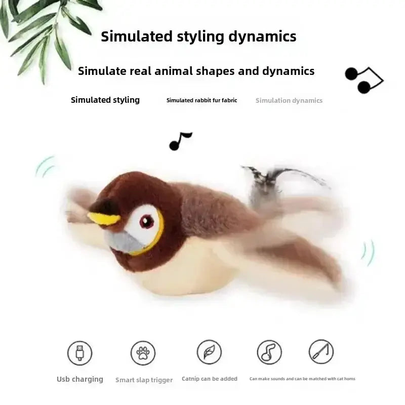 Hot Cat Interactive Catnip Bird Toy USB Rechargeable Touch Activated Squeaky Plush With Flapping Wings
