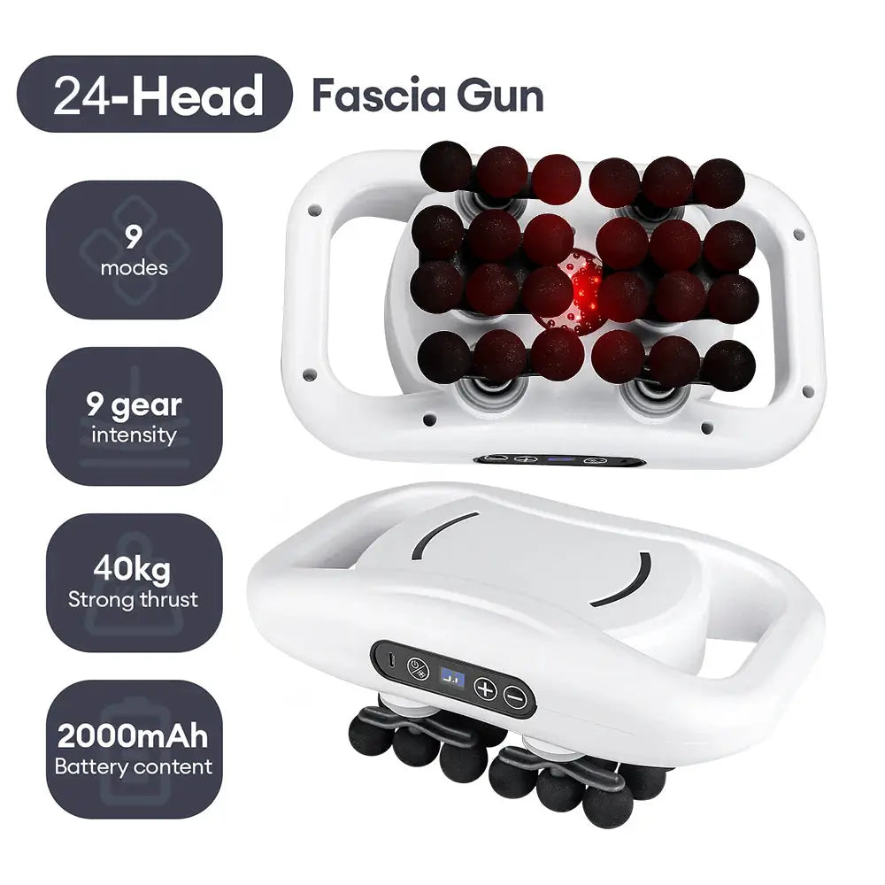 24-Head fascia gun massager by Simples Market, white with 24 black massage heads and handheld design.