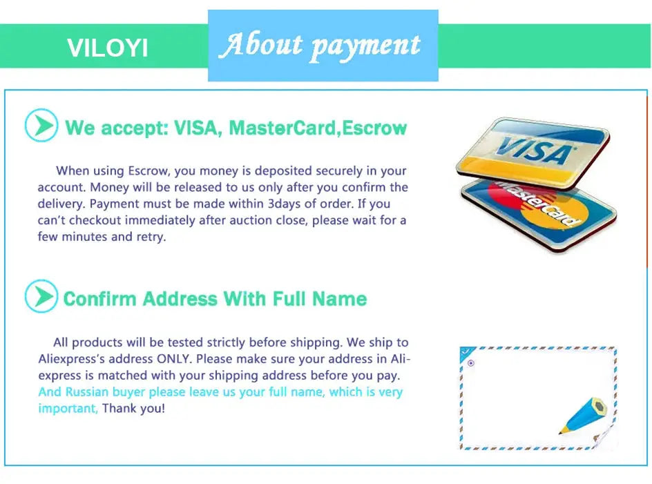 VILOYI payment banner showing Visa/MasterCard logos with address-confirmation and shipping notes