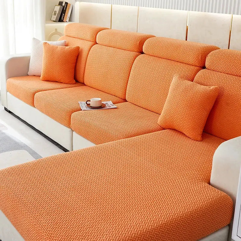 Sofa slipcover set by Simples Market in orange jacquard stretch fabric for sectional cushions