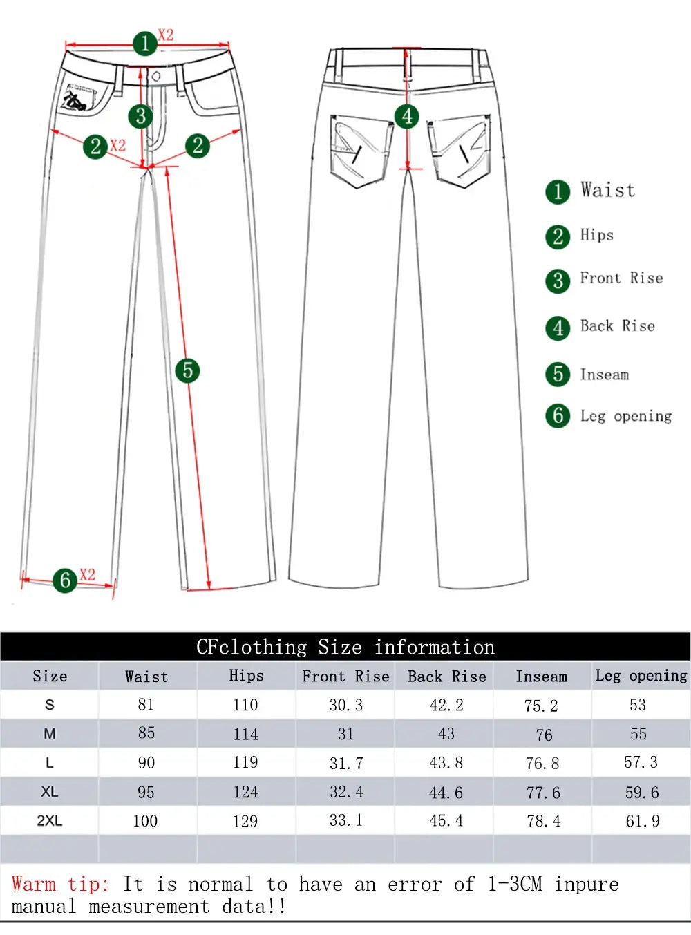 Simples Market men's white baggy wide-leg denim jeans with measurement diagram showing waist, hips, and inseam.