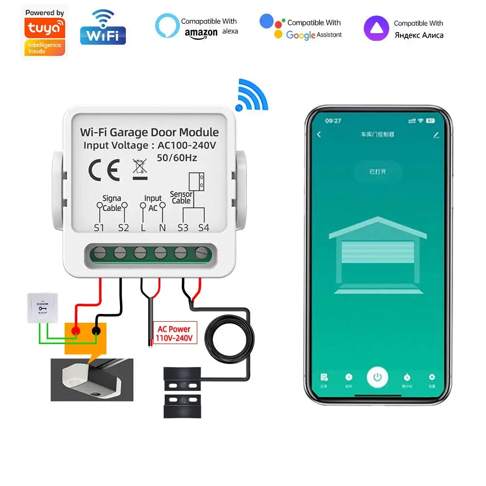 Smart WIFI Garage Door Opener by Simples Market; Tuya WiFi module, app control, Alexa/Google Assistant ready