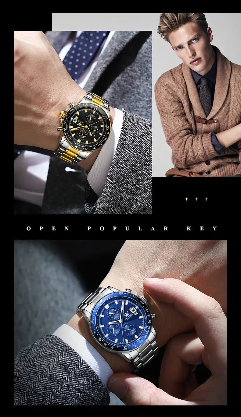 OLEVS TY705 men’s watches; two-tone gold-silver bracelet with black dial and blue-dial stainless steel model