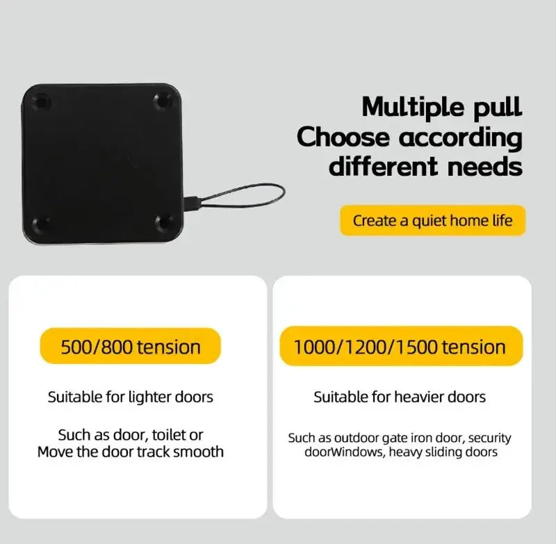 Automatic Drawstring Door Closer by Simples Market, black square unit with 500/800 or 1000/1200/1500 tension.