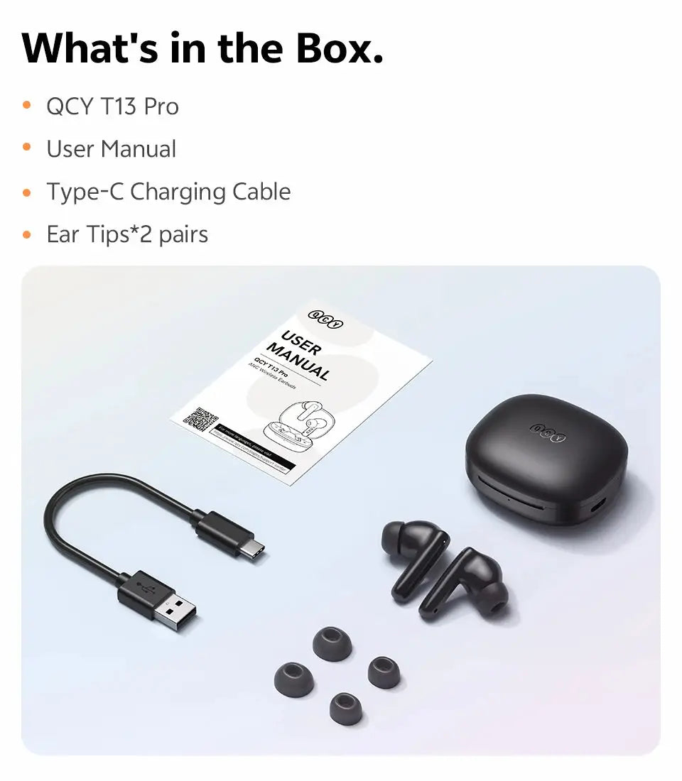 QCY T13 Pro wireless black earbuds with charging case by Simples Market, USB-C cable, user manual, and ear tips.