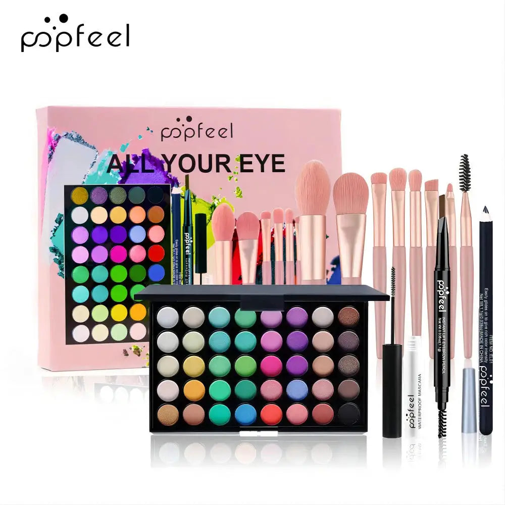 PopFeel 40 Color Eye Makeup Palette Set With Eyebrow Pencil Eyeliner Mascara And Brushes Complete All In One Eye Kit