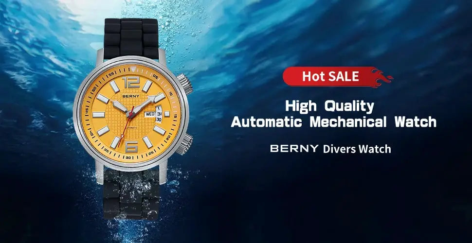 BERNY 20ATM diver automatic watch for men, yellow dial, black strap