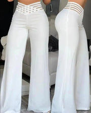 NovaMode Women Flared High Waist Office Pants Wide Leg Trousers With Crisscross Sheer Mesh Patch Elegant Comfort