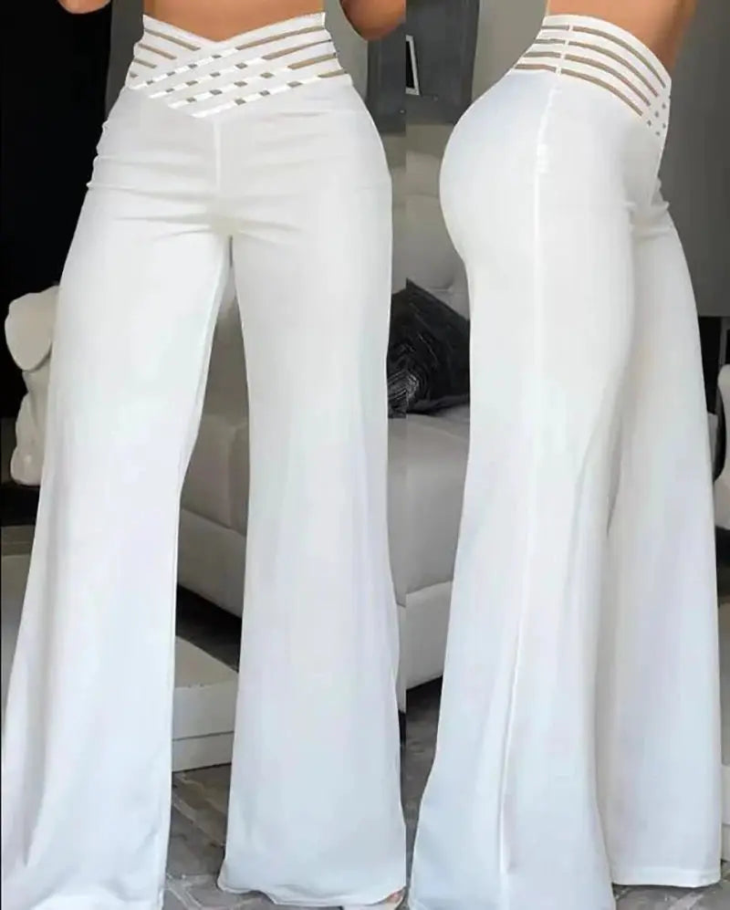 Women High Waist Flared Pants Wide Leg Trousers For Office Lady And Casual Wear Spring Summer Solid Crisscross Mesh Patch