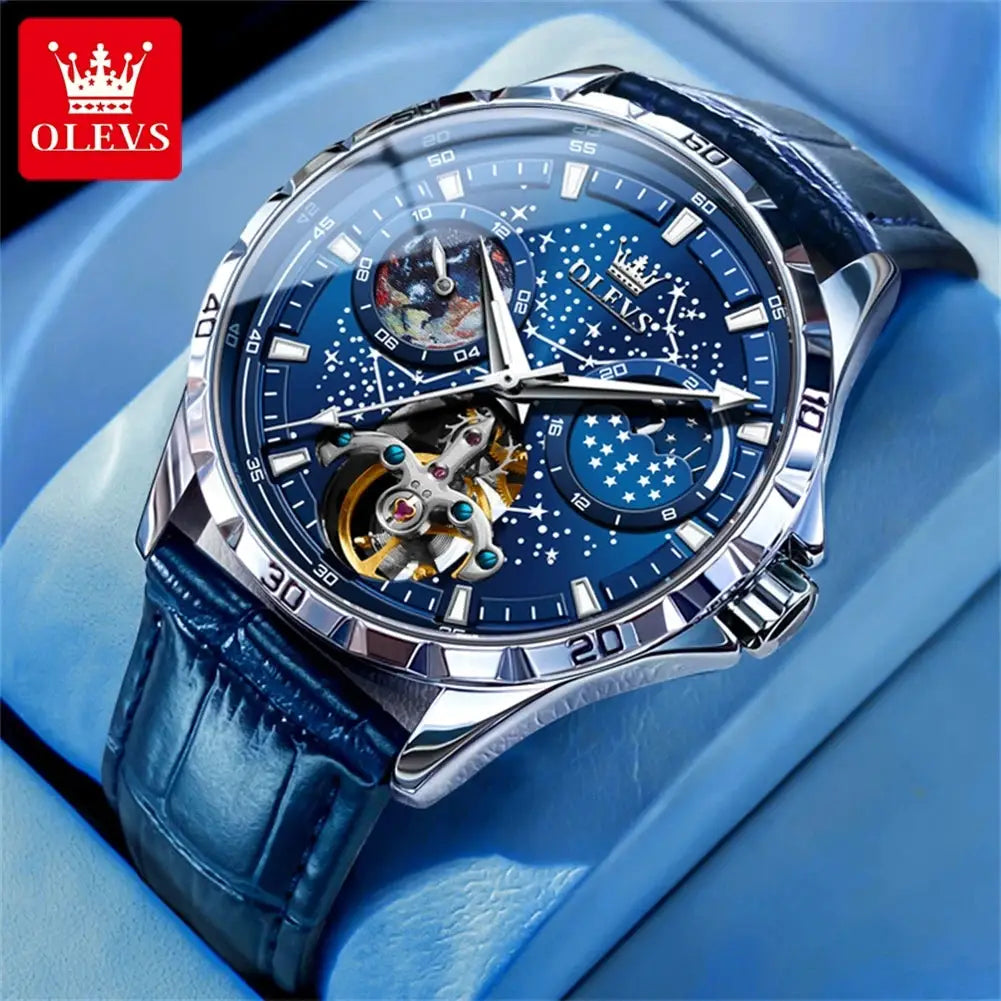 OLEVS flywheel skeleton automatic men's watch with blue starry-sky dial and blue leather strap.