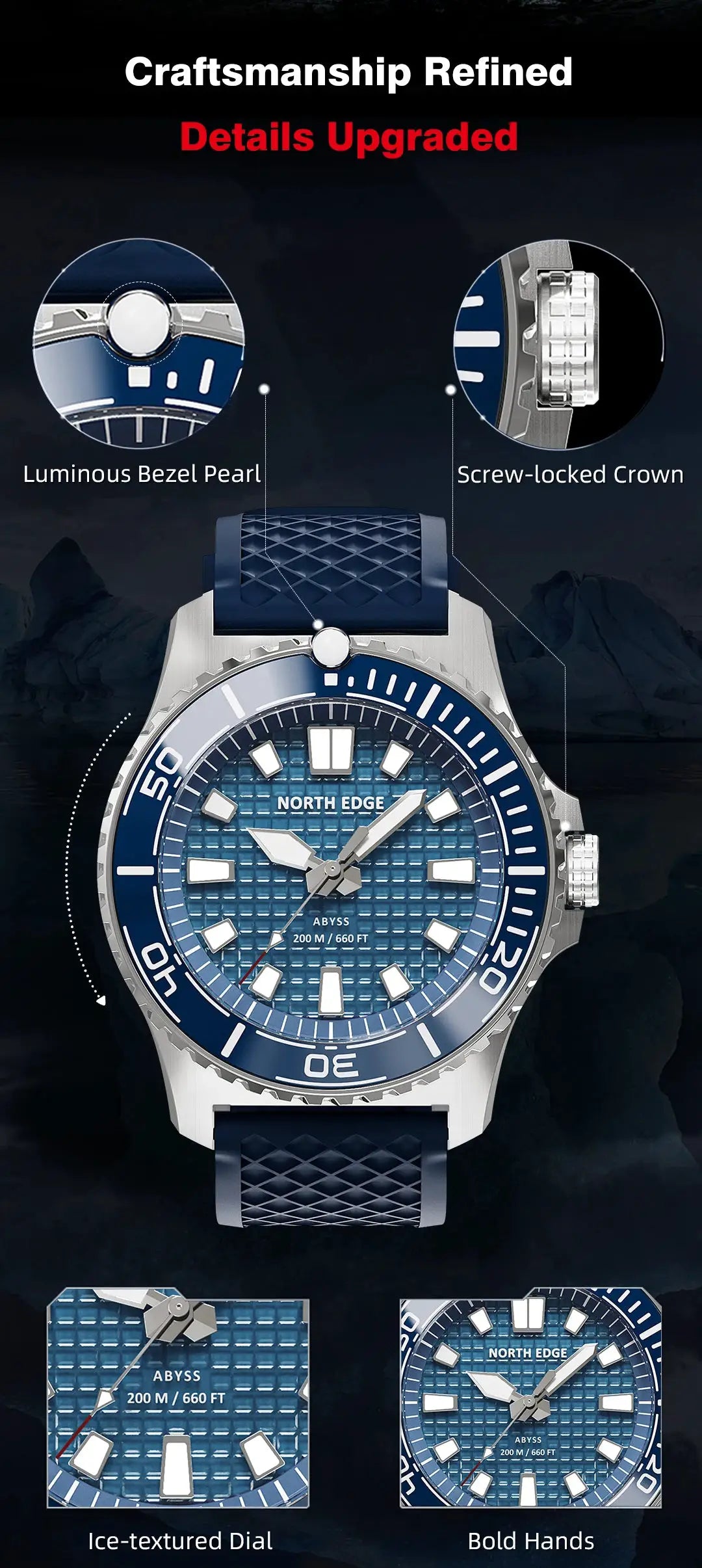 North Edge Abyss men's solar-powered diving quartz watch, blue dial, 316L steel case
