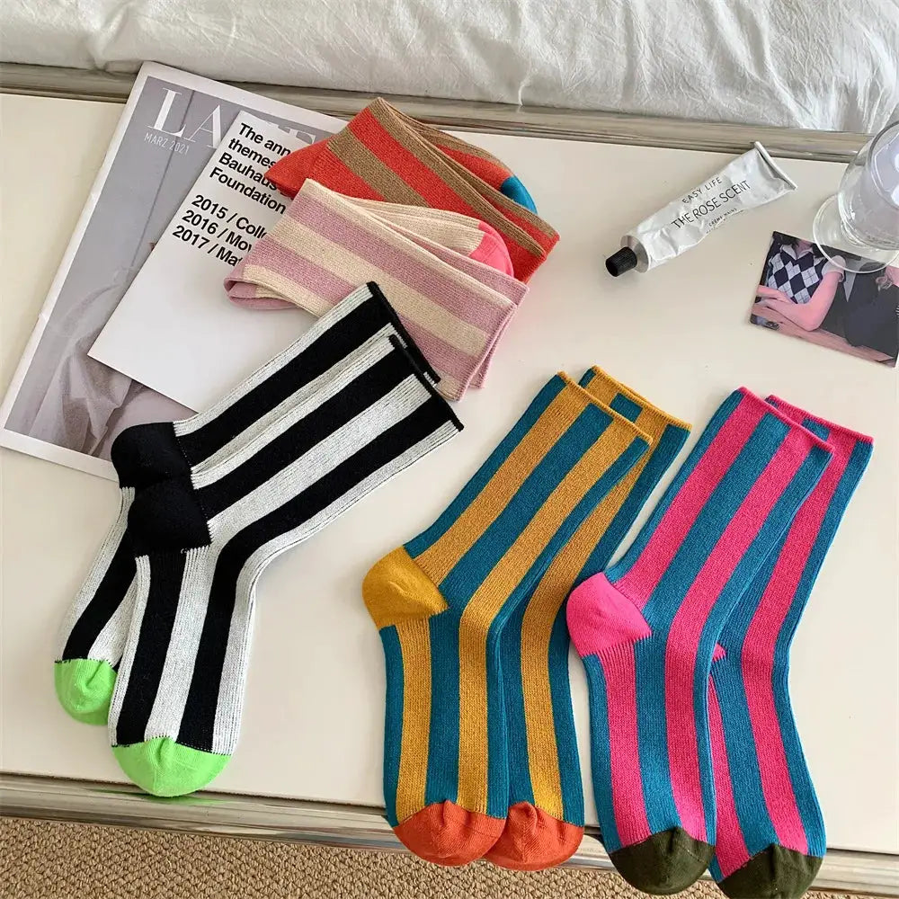TrendWeave Striped Unisex Crew Socks Breathable Cotton For All Day Comfort And Style