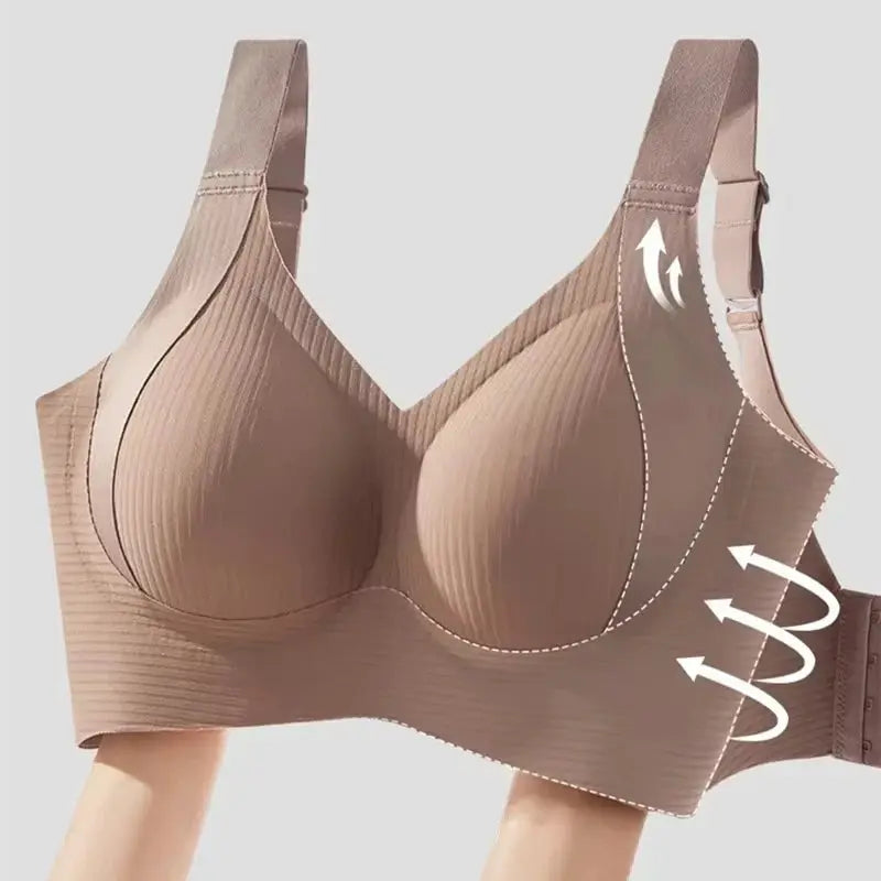 Beige seamless wireless bra with wide band, molded cups, pull-up anti-sag support
