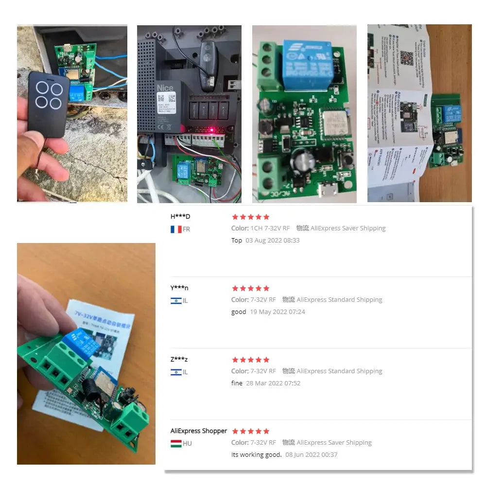 Simples Market WIFI smart garage gate relay module with RF433 remote, supports DC12V/24V and AC220V (1/2CH), Tuya-compatible