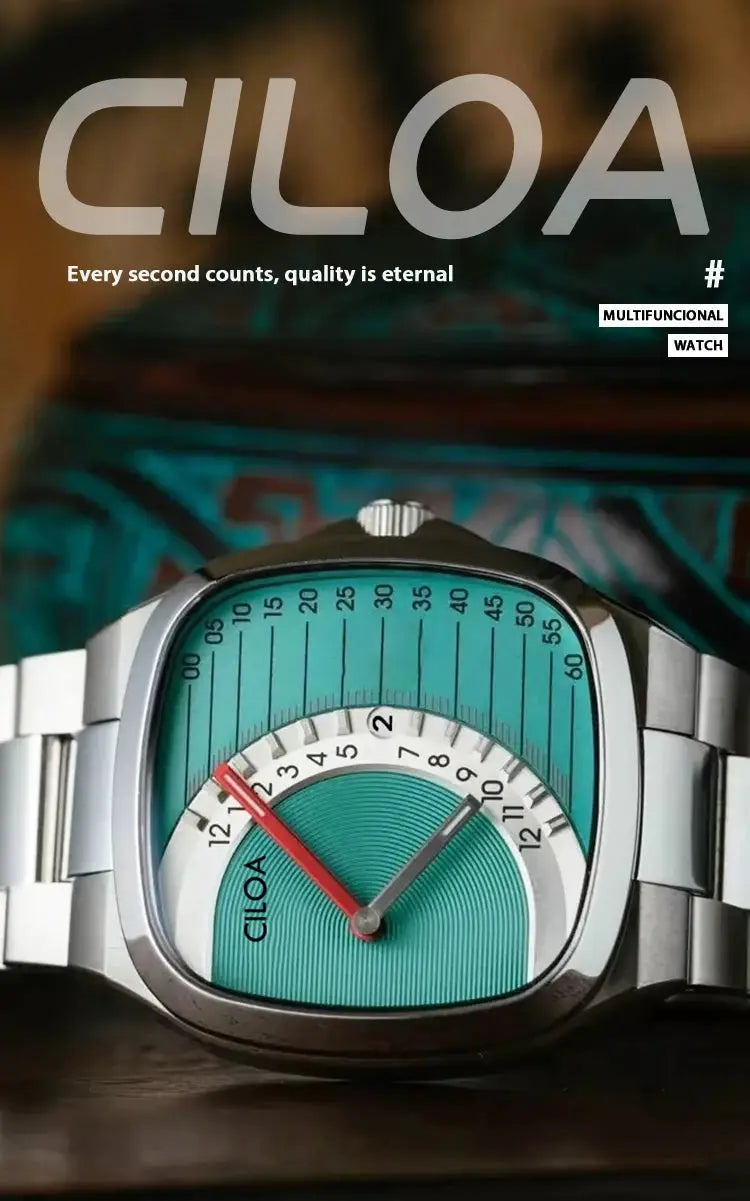 CLOA retro square stainless steel watch with teal dial, red second hand, and metal bracelet.
