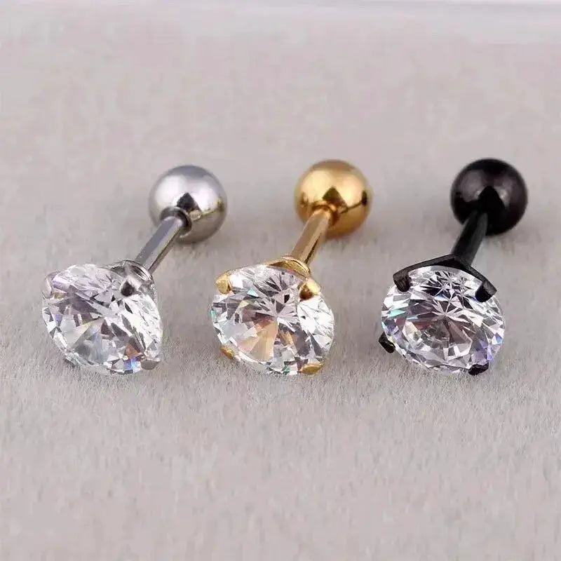 Crystal stainless steel stud earrings set, three pieces in silver, gold, and black with 3mm, 4mm, 6mm sparkling crystals