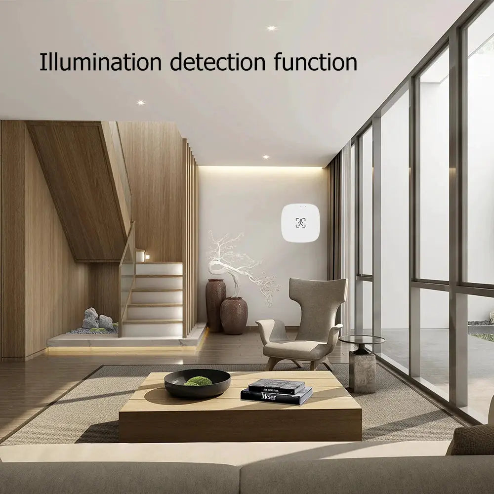ZigBee motion sensor with luminance and distance detection; white wall-mounted device in a modern living room