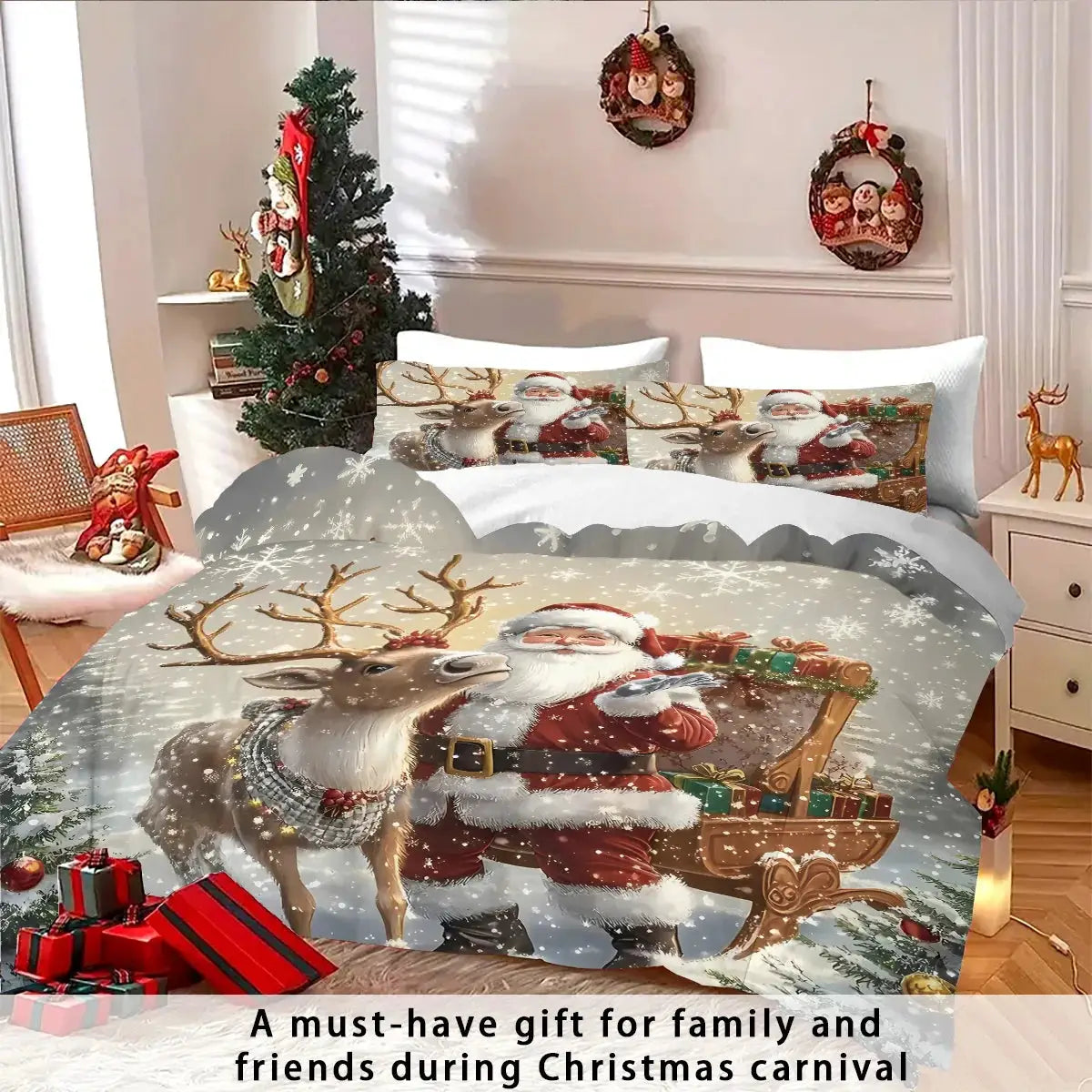 3pc Santa Claus printed bedding set by Simples Market with reindeer motif on grey and white, machine washable