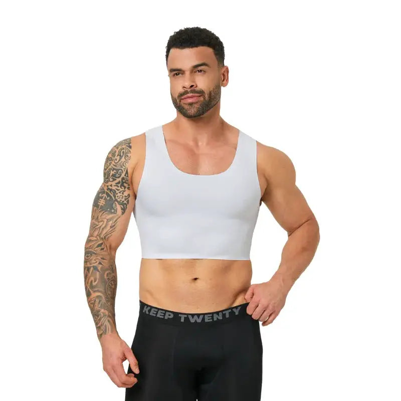 Men's seamless shaping sleeveless vest in white with high elasticity; two-piece set with black shorts.
