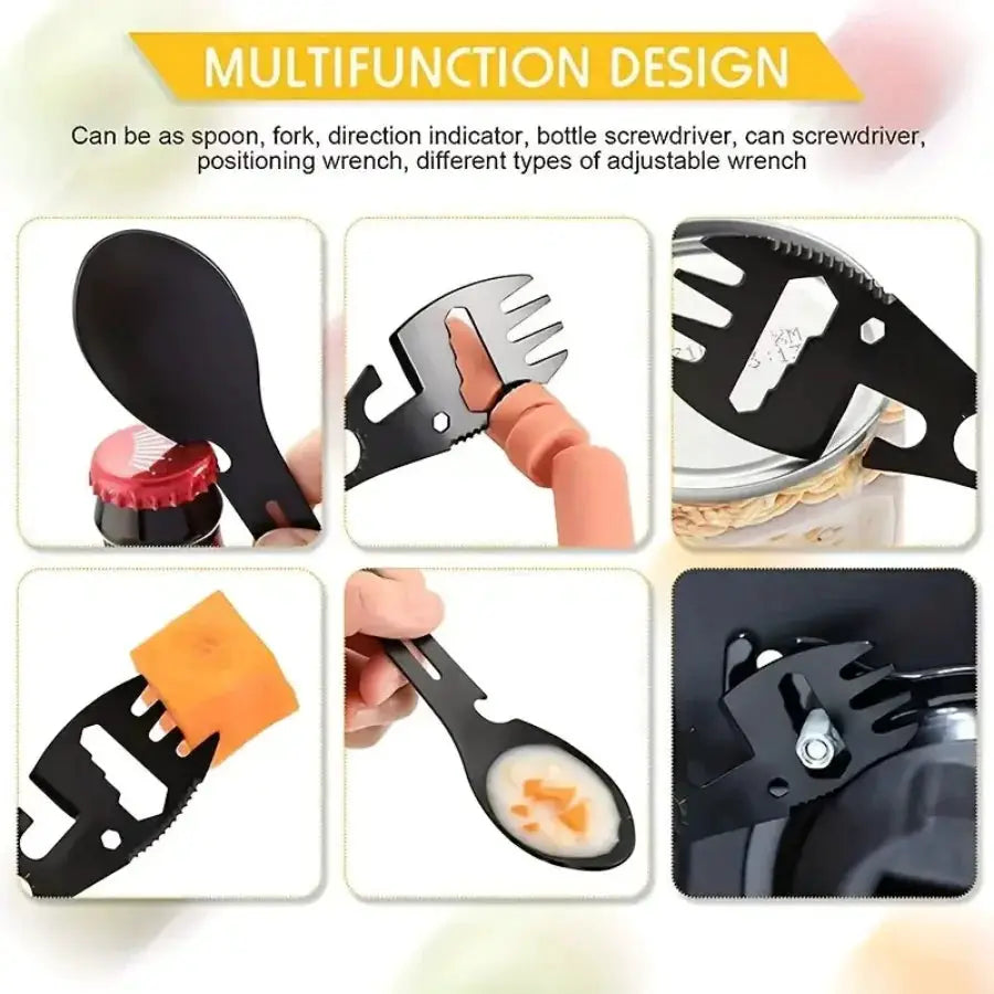 Outdoor fork-spoon multifunction tool, black camping gear with bottle opener and serrated edge.