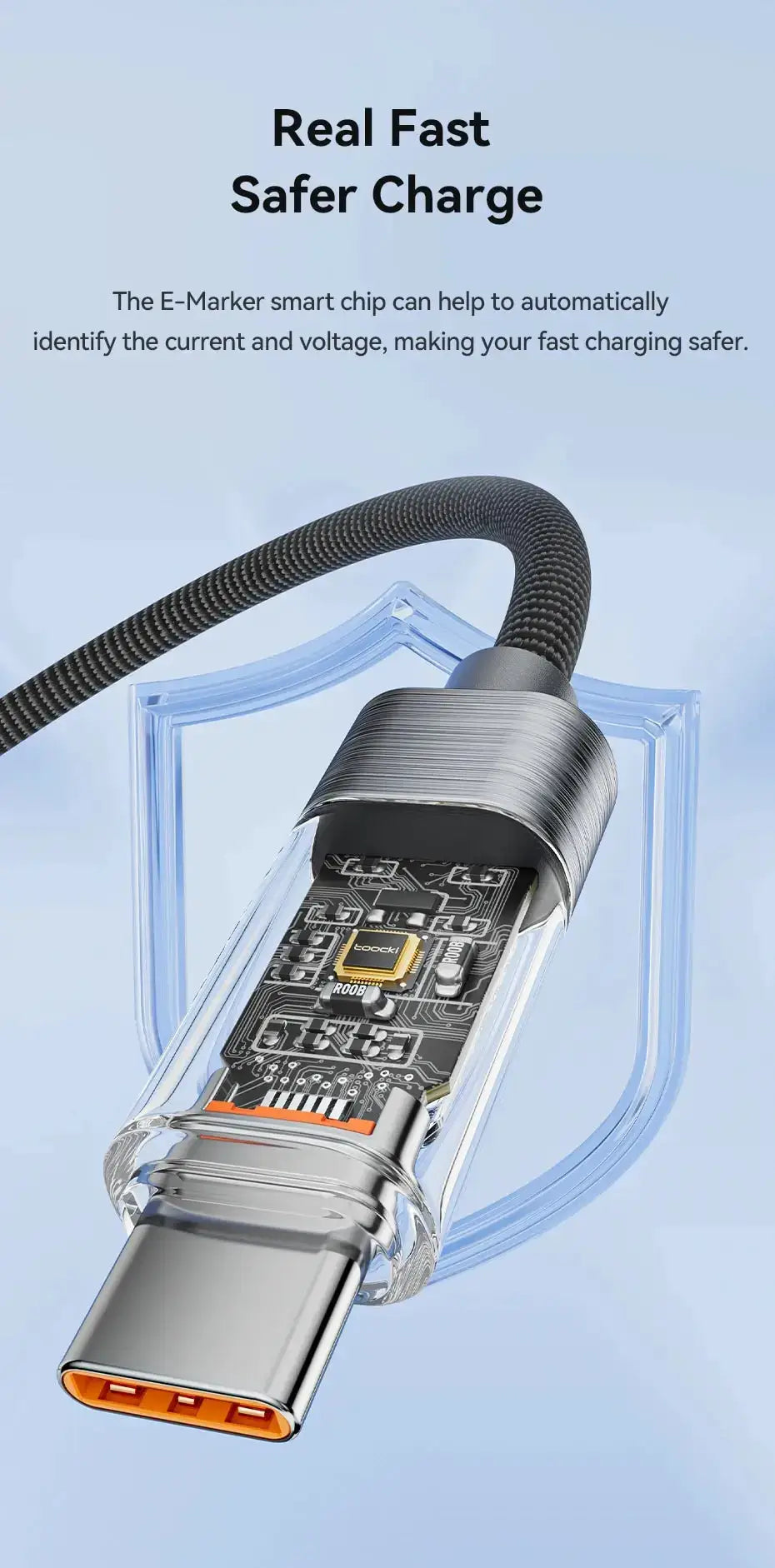 Toocki USB-C to USB-C 100W PD fast-charging cable, braided black with transparent housing by Simples Market.