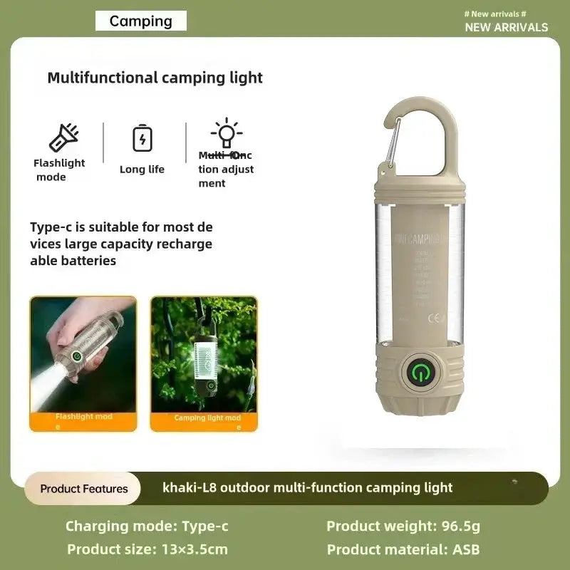 Khaki Simples Market multifunction camping lantern with USB-C rechargeable LED, portable waterproof tent light.