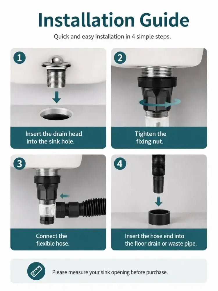 Simples Market bathroom sink drain kit with ABS body and stainless steel top side outlet; 4-step installation guide.