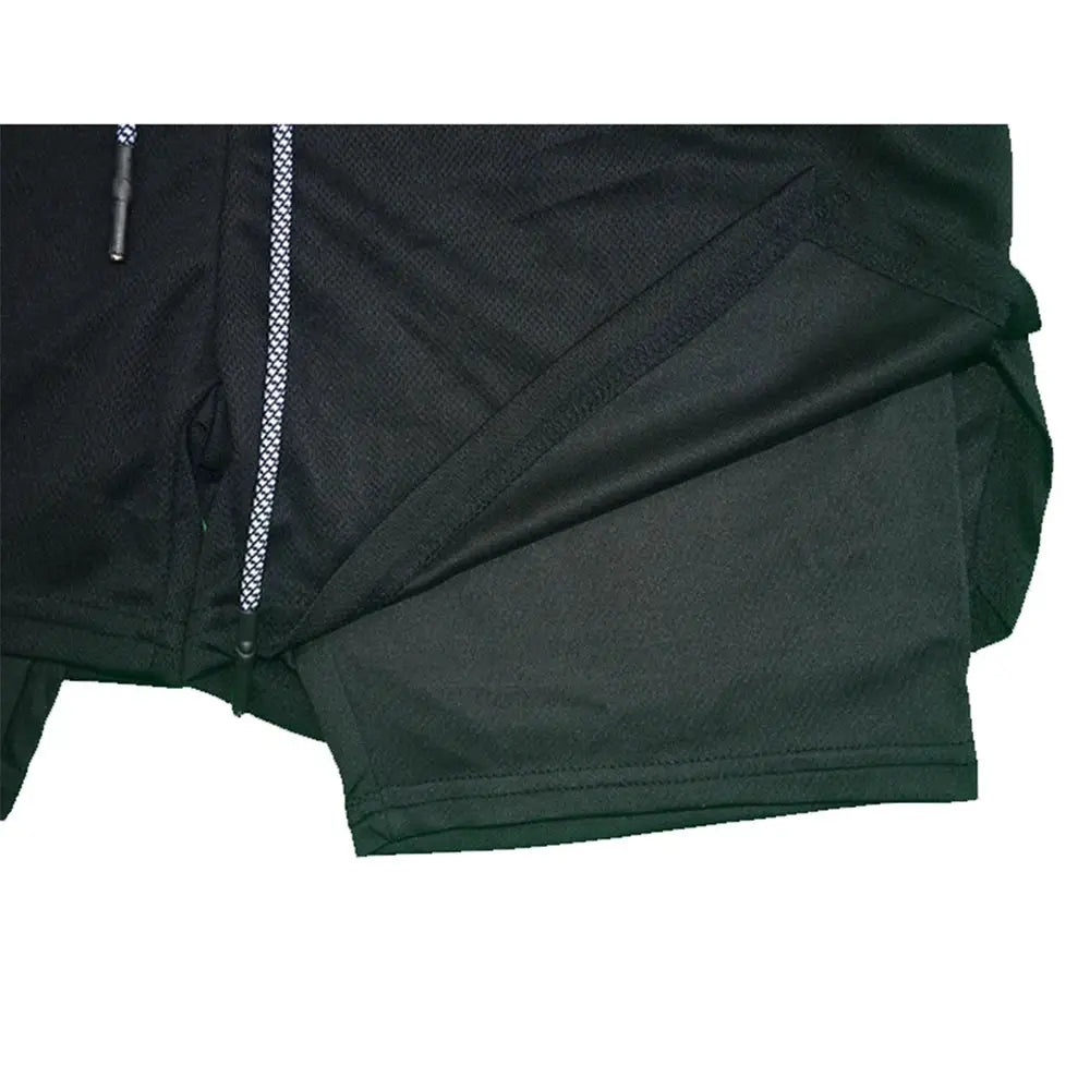 2 in 1 men's compression shorts with zippered phone pocket, black quick-dry athleticwear