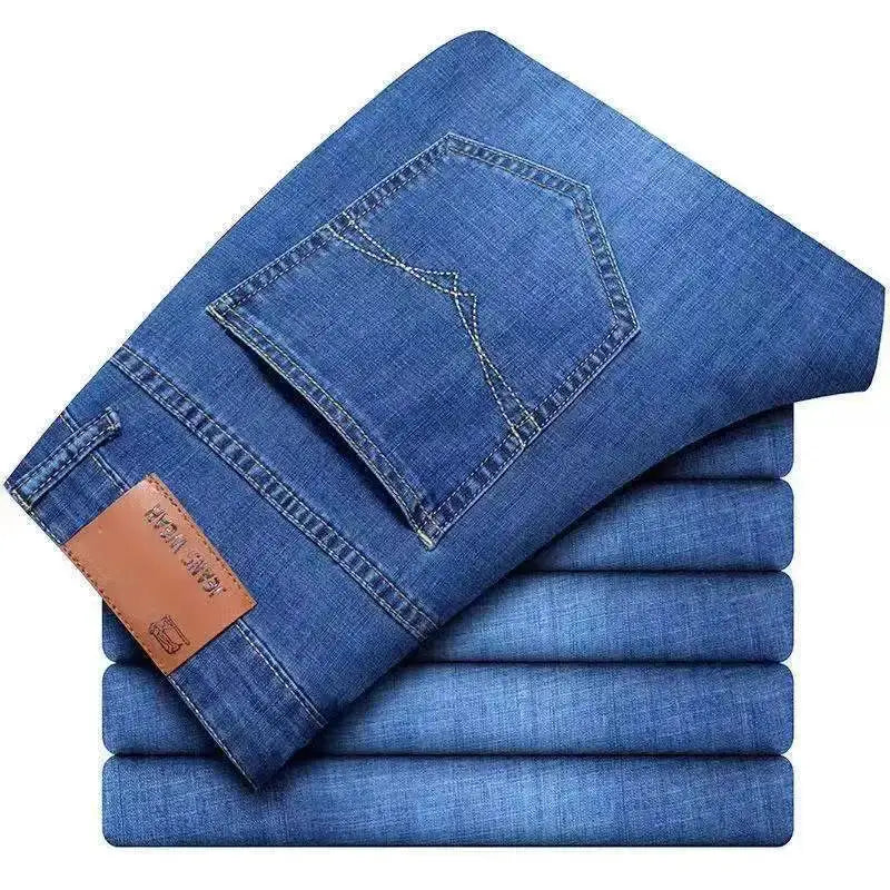 Simples Market men's blue denim jeans, casual straight-leg style, five pairs with back pockets.