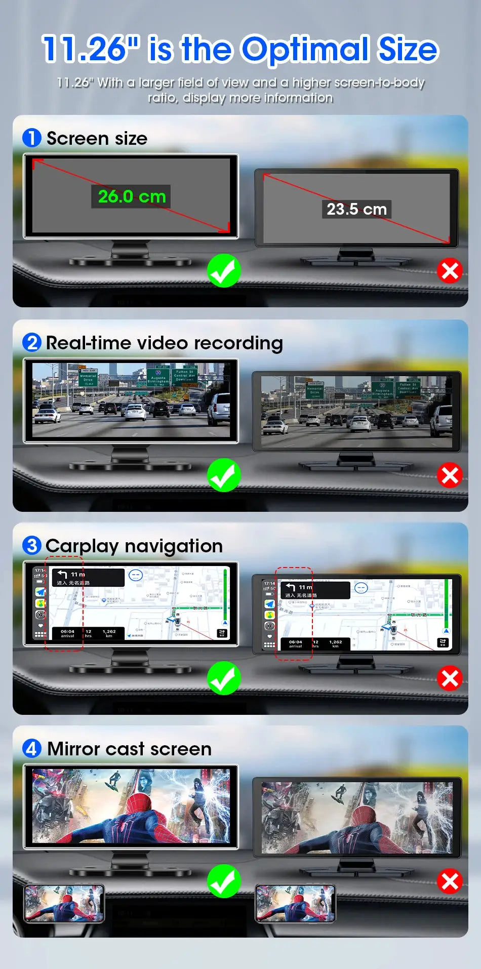 Dash Cam 4K Car DVR Wireless CarPlay Android Auto GPS Nav Dual Lens