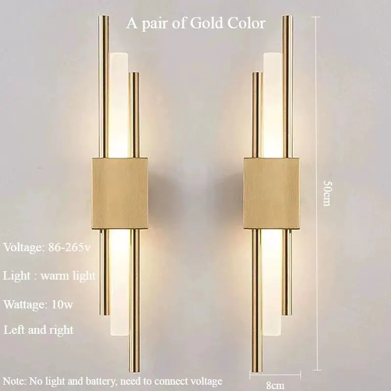 Nordic LED wall lamp pair in gold color with warm light