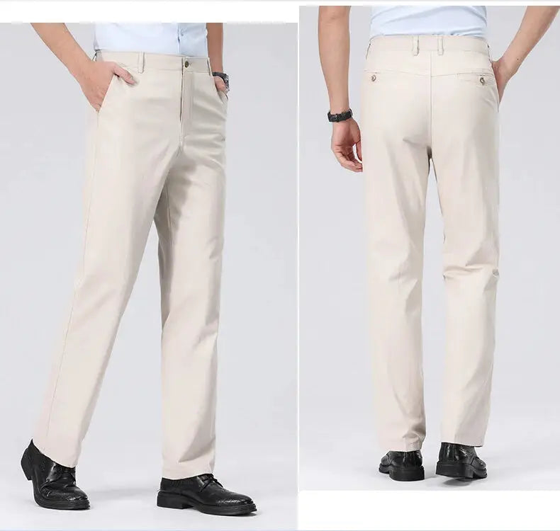 Mens chino pants by Simples Market, beige lightweight business casual trousers with pockets, front and back views.