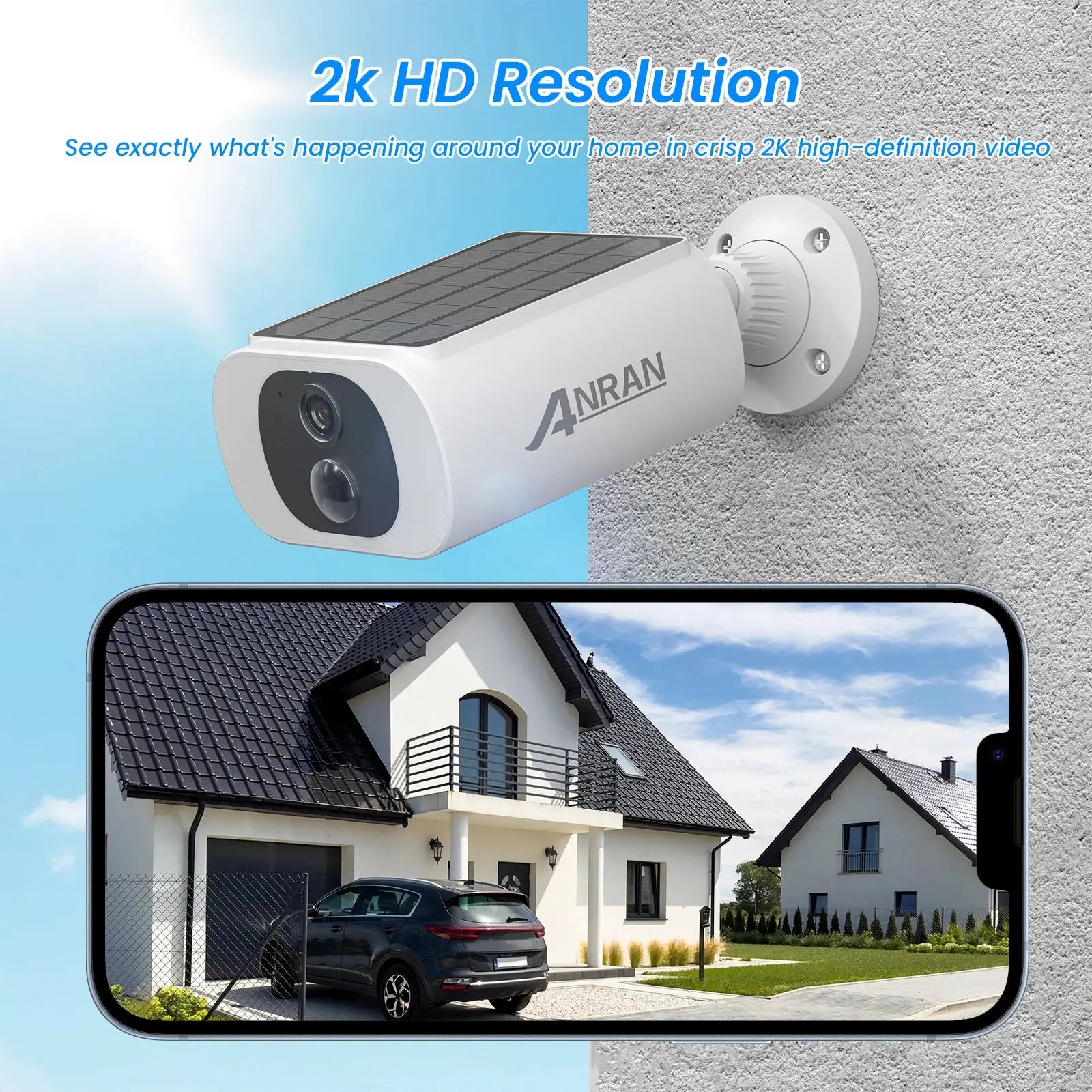 ANRAN outdoor wireless security camera with white body and solar panel, wall-mounted.