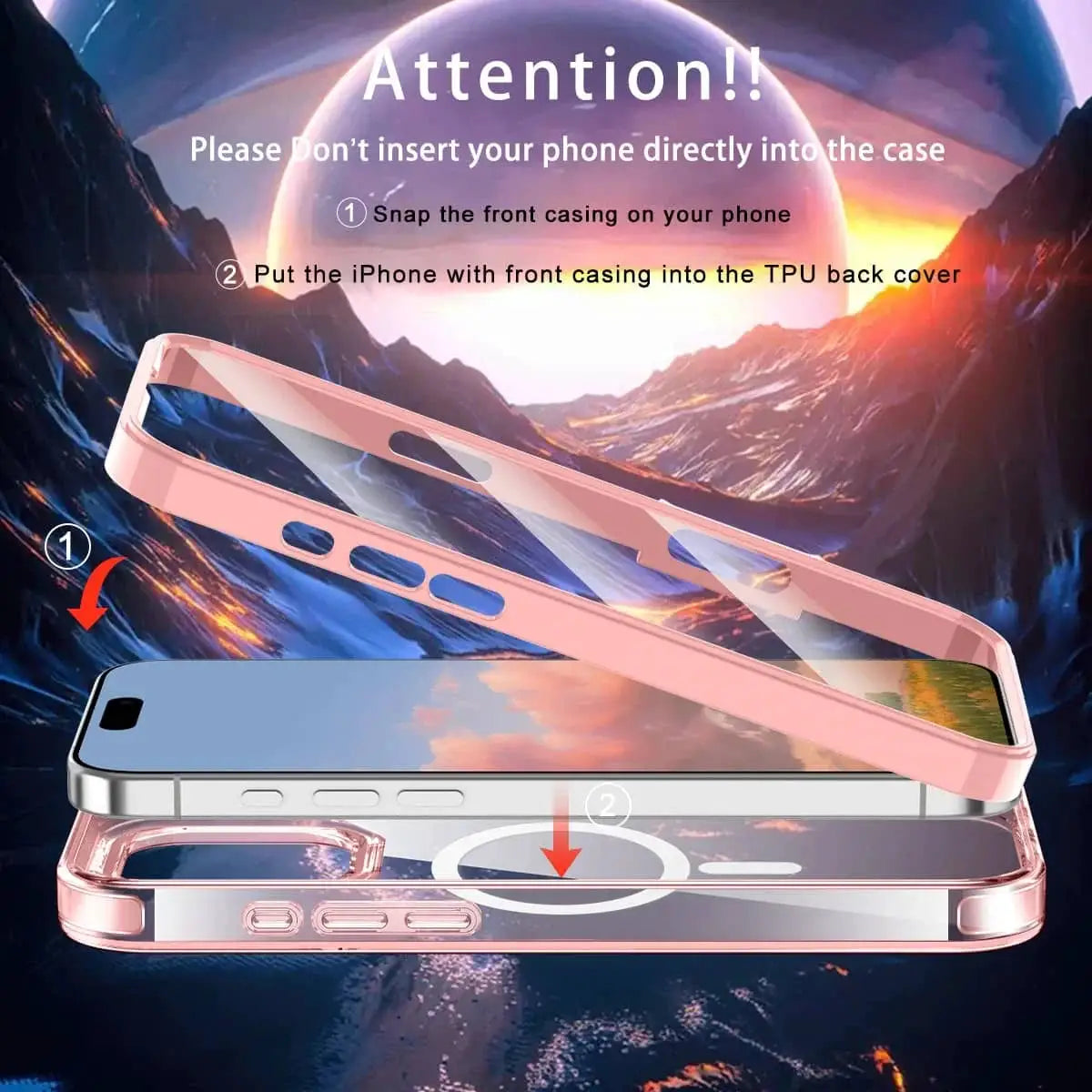 iPhone full-body shockproof case, pink transparent with built-in magnetic screen protector