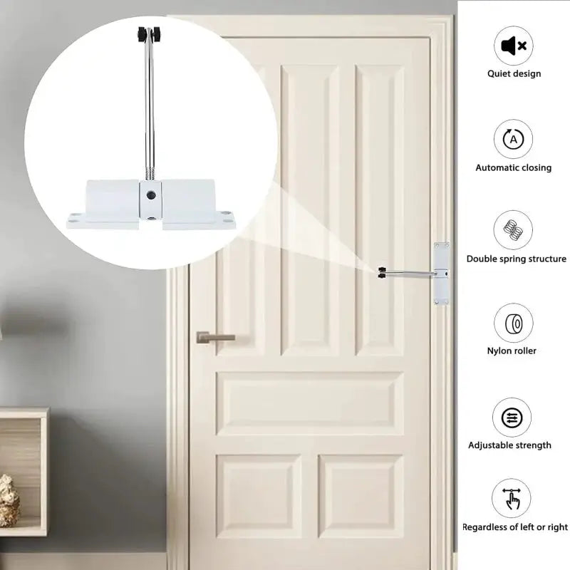 Simples Market 180 Degree Automatic Door Closer; metal, adjustable heavy-duty spring for indoor/outdoor hinged doors.