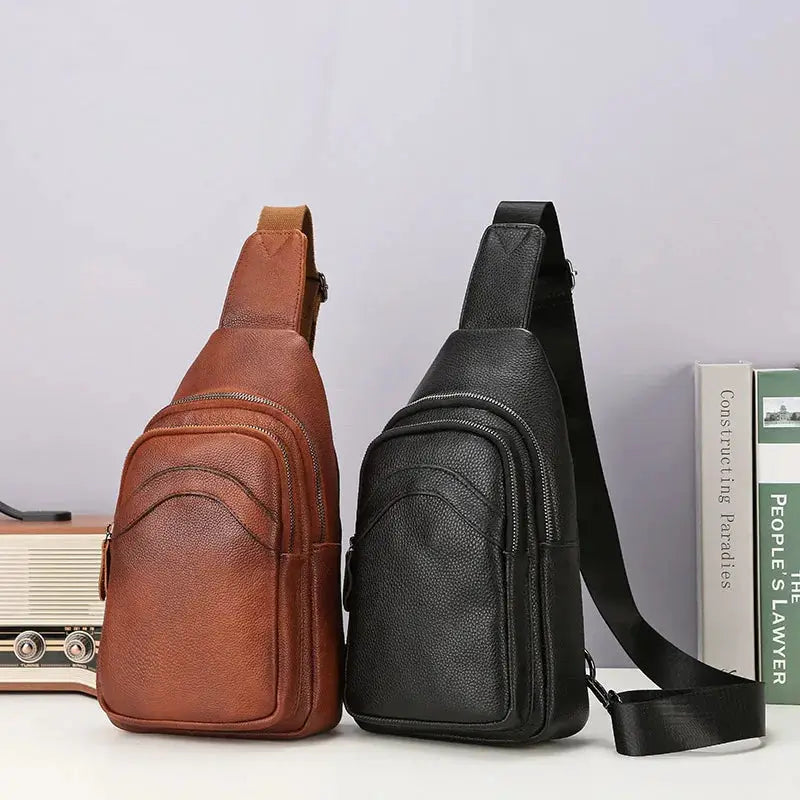 Chest bag pair by Simples Market in brown and black genuine top-grain leather, large-capacity crossbody bags