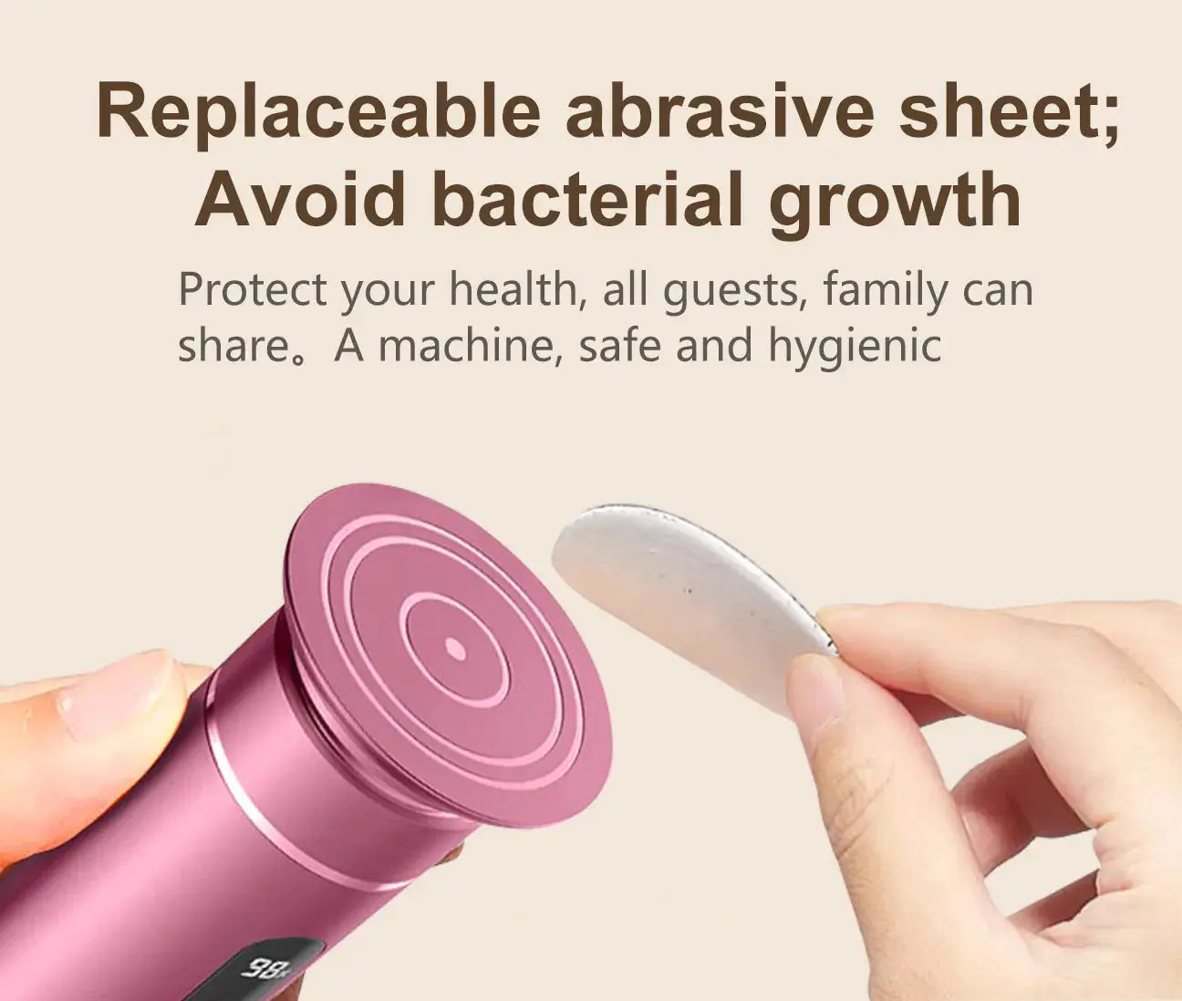 Aluminum alloy electric foot grinder in pink by Simples Market with replaceable abrasive sheet, 2 pieces