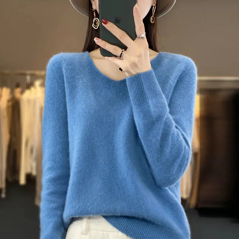 Women's Merino Wool V Neck Pullover Sweater Loose Fit for Autumn and Winter Comfort