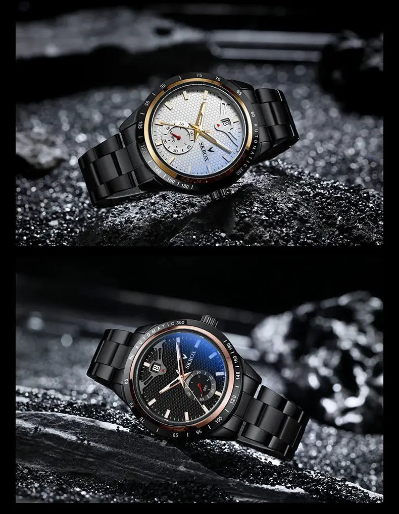 SKROX luxury sapphire stainless steel automatic men's watches, two black metal bracelet models