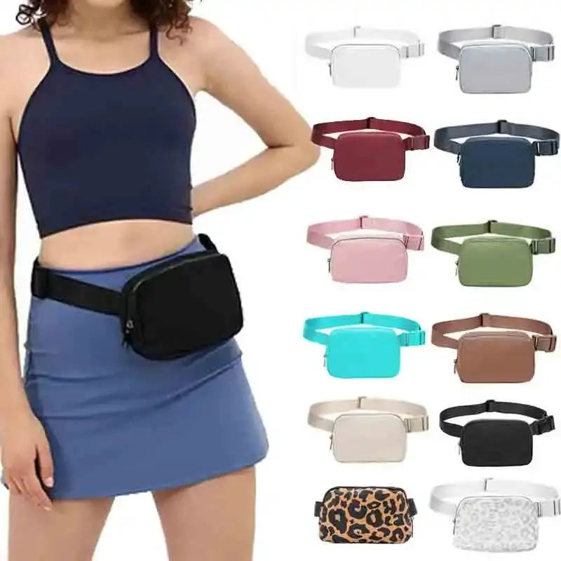 Simples Market 2024 women's waist bag (fanny pack) with zipper, worn in black; 12 color options shown.