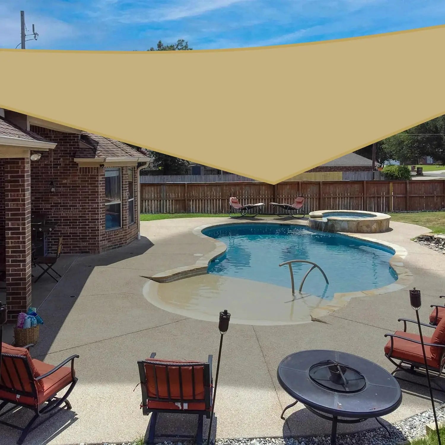 Simples Market triangle sun shade sail, yellow waterproof UV-block, over backyard pool patio.