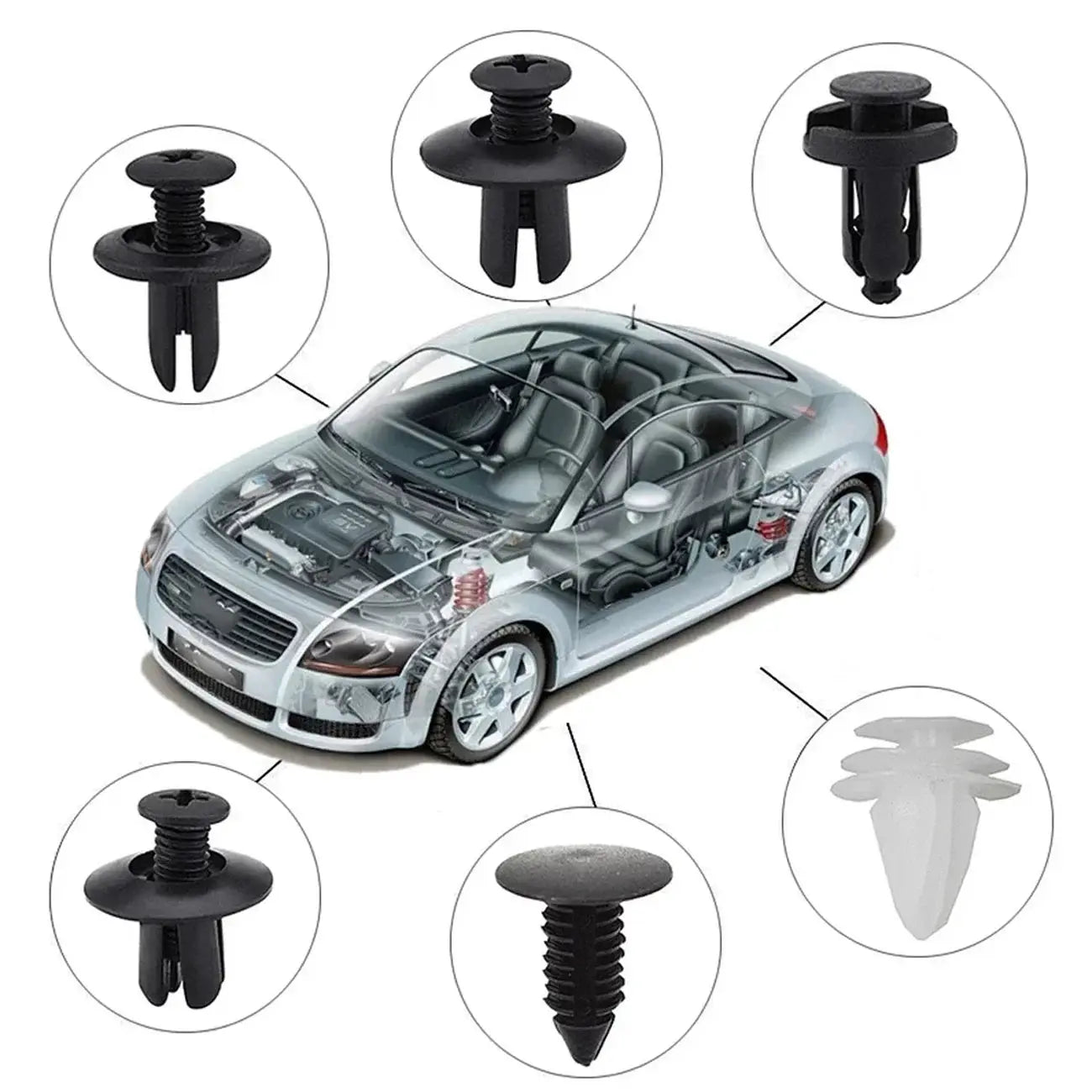 130-piece bumper retainer clips and fastener remover kit for car door trim panels in black plastic.