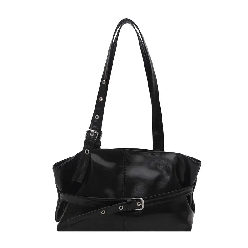 Belt-buckle black soft leather handbag, Korean style, with long adjustable shoulder strap