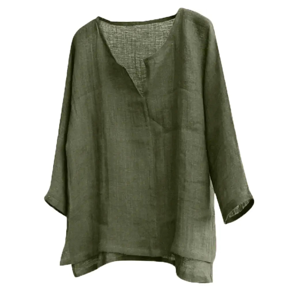 Men's olive green loose-fit long-sleeve shirt with V-neck, solid color, sizes S-5XL