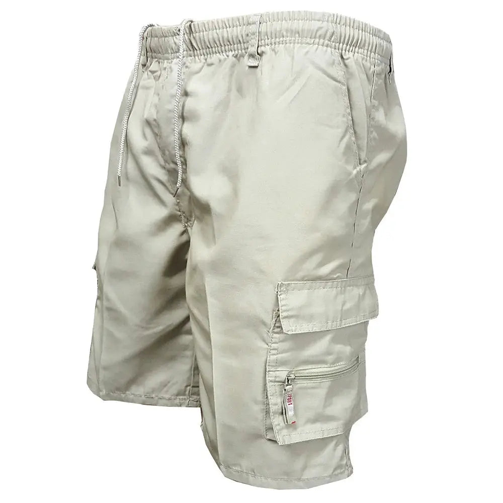 Men's khaki tactical cargo shorts with drawstring waist and multiple pockets, including a zip pocket on the leg.