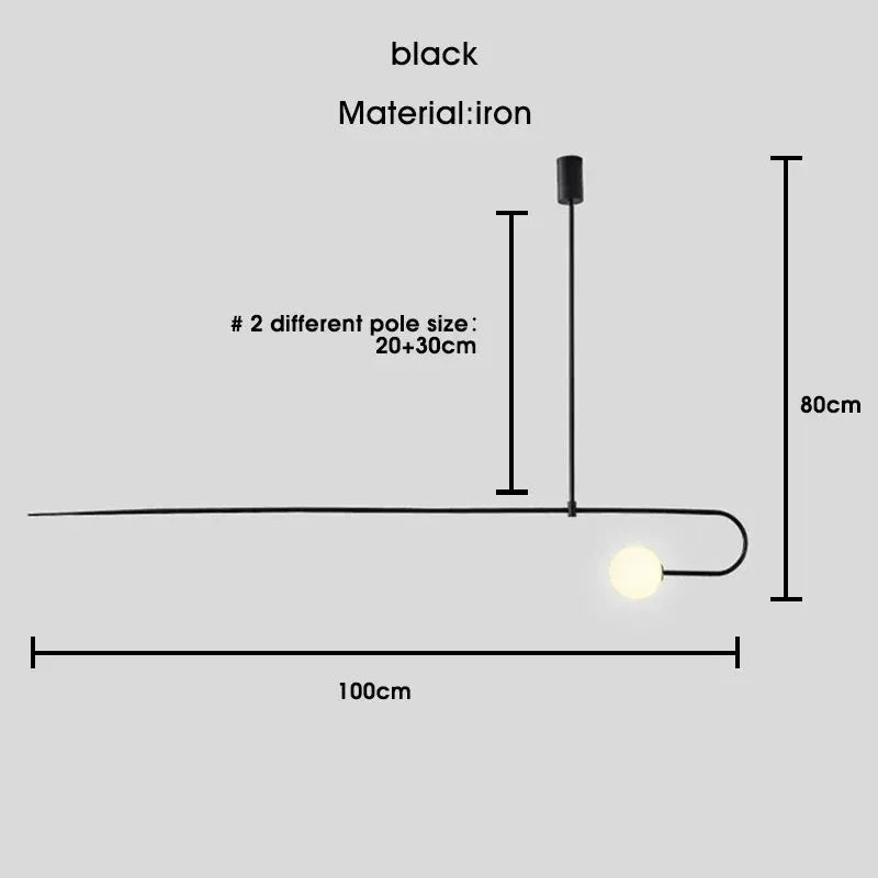 Nordic minimalist chandelier in black iron by Simples Market with two pole sizes (20/30 cm) and a globe bulb.