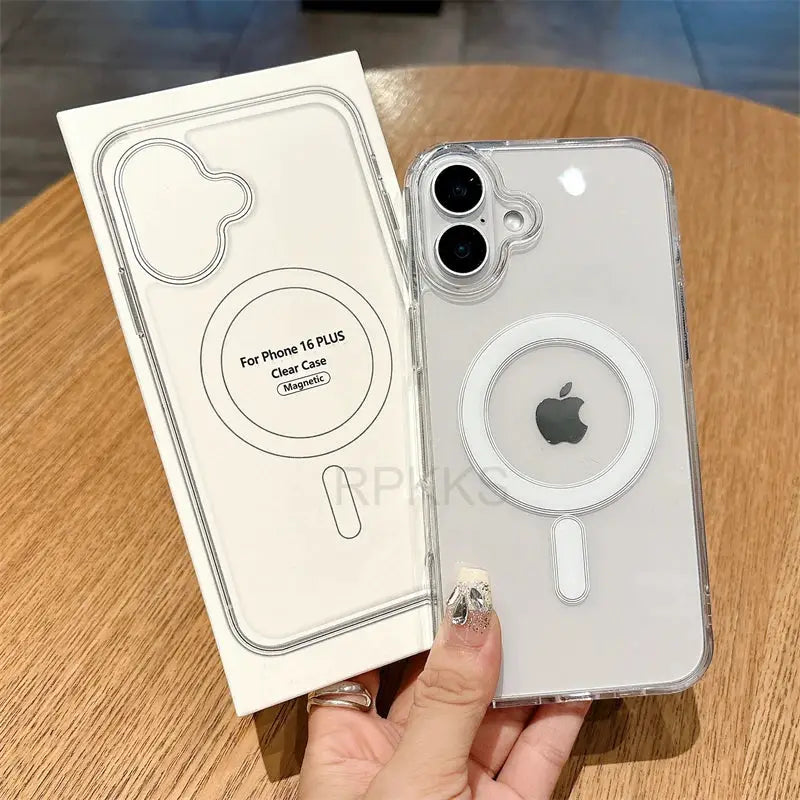 Clear MagSafe phone case with circular magnetic ring, shown beside its packaging box