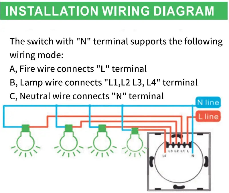 Simples Market RF433 4-gang US WiFi smart wall switch wiring diagram with four lamps connected to L1–L4 and N terminals